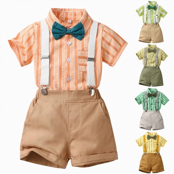 Nwiuh Baby Boy Shirt and Tie Sets Long Sleeve Top Bowknot Shorts with Suspender Straps Outfits (Beige, 5-6 Years)