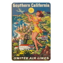 Southern California - United Air Lines - Vintage Airline Travel Poster by Joseph Fehér c.1950 - 8 x 12 inch Vintage Wood Art Sign