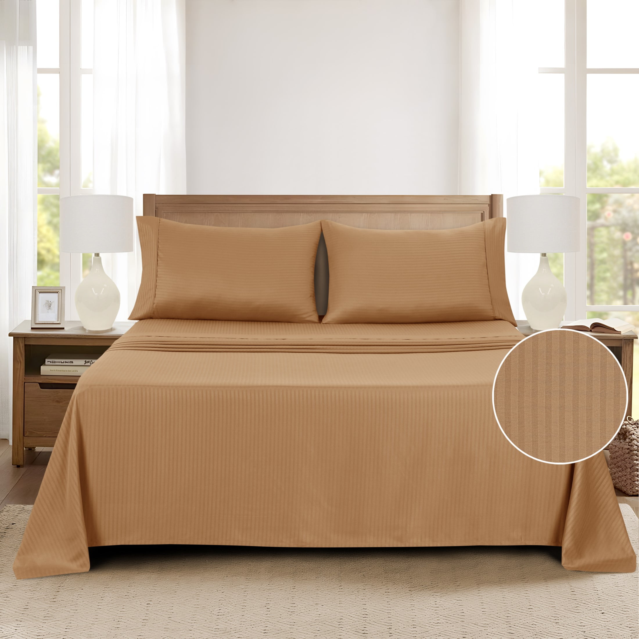 Mainstays Super Soft Brushed Microfiber Bed Sheet Set, Caramel Brown Embossed Stripe, Queen, 4 Piece