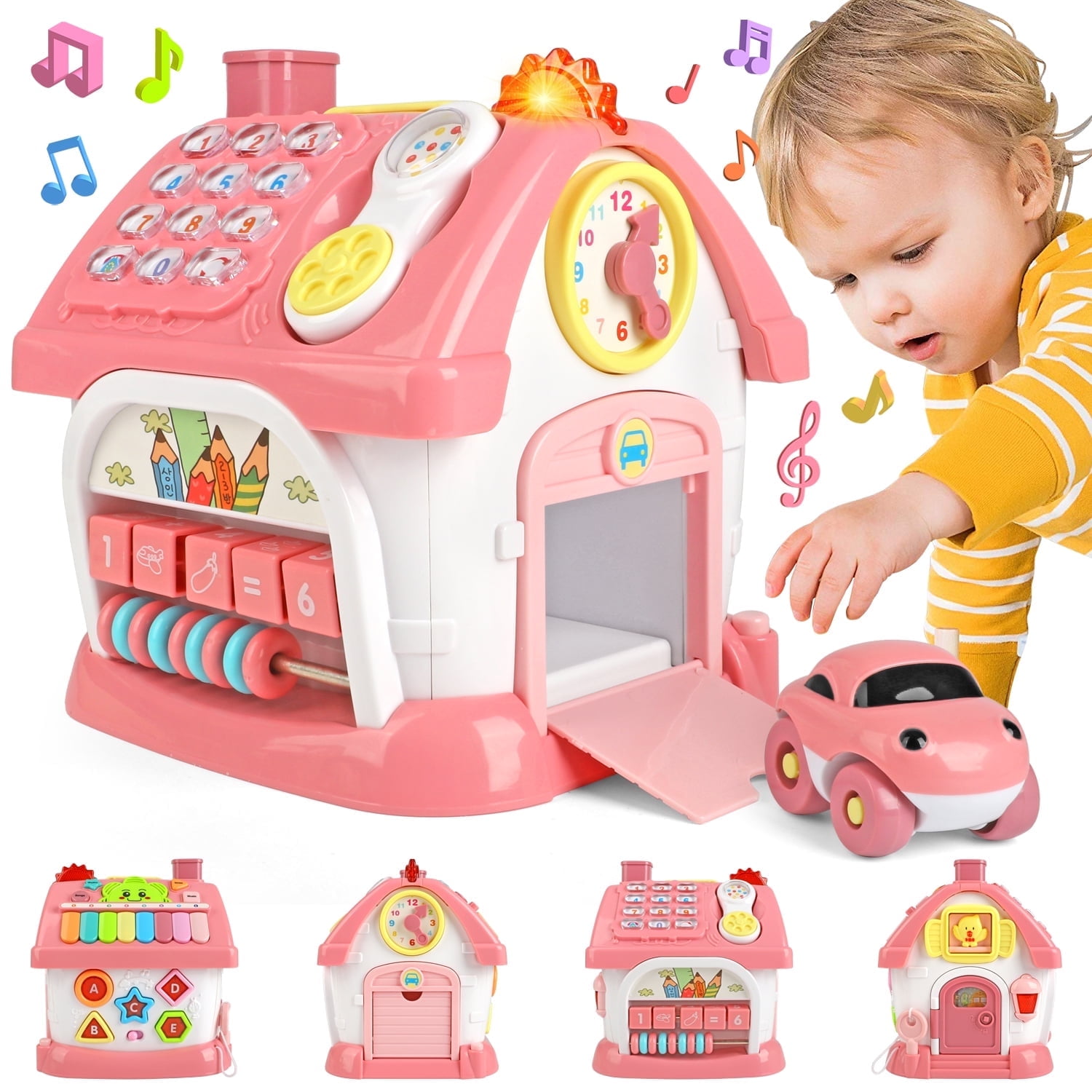 Huge Wave Toddler Toys for 1+ Year Old Girl Gifts, Montessori Baby Toys Multi-Functional House, with Car, Lights & Musics, Learning Educational Gift for Aged Kids 1-6, Pink