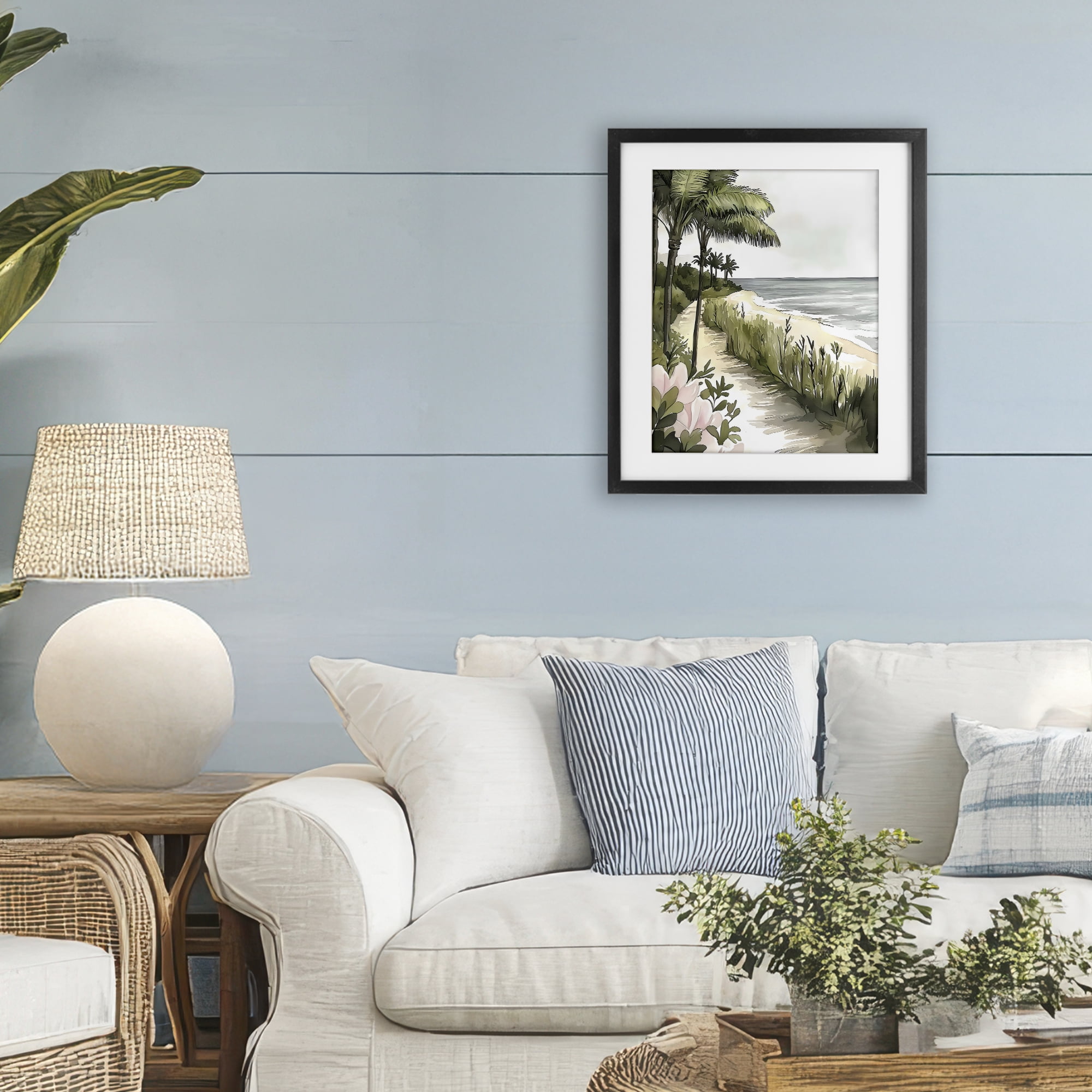 Stupell Industries Coastal Calm Palm Tree Pathway Black Framed Print Under Glass, design by Riley B