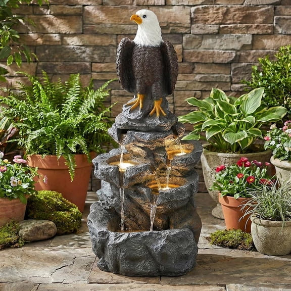 EPICOZY 5 Tier Garden Fountain with Bald Eagle Statue, Outdoor Resin Water Feature with 4 LED Lights & Pump, Rock Cascading Waterfall Fountain for Patio Yard Porch Balcony and Home Art Décor