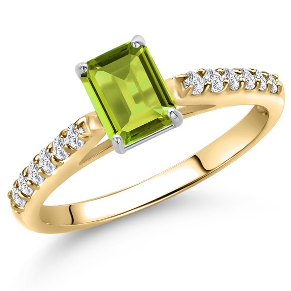 Gem Stone King 10K Two Tone Gold Green Peridot and Lab Grown Diamond Engagement Ring for Women | 0.78 Cttw | Emerald Cut 6X4MM | Gemstone August Birthstone | Size 5