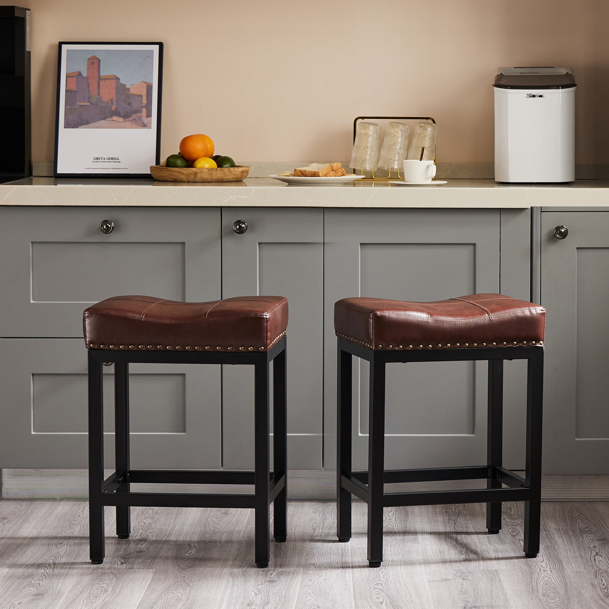 CONCETTA Set of 2 Bar Stools - 24in Counter Height, Metal Base & PU Leather Seats, Brown