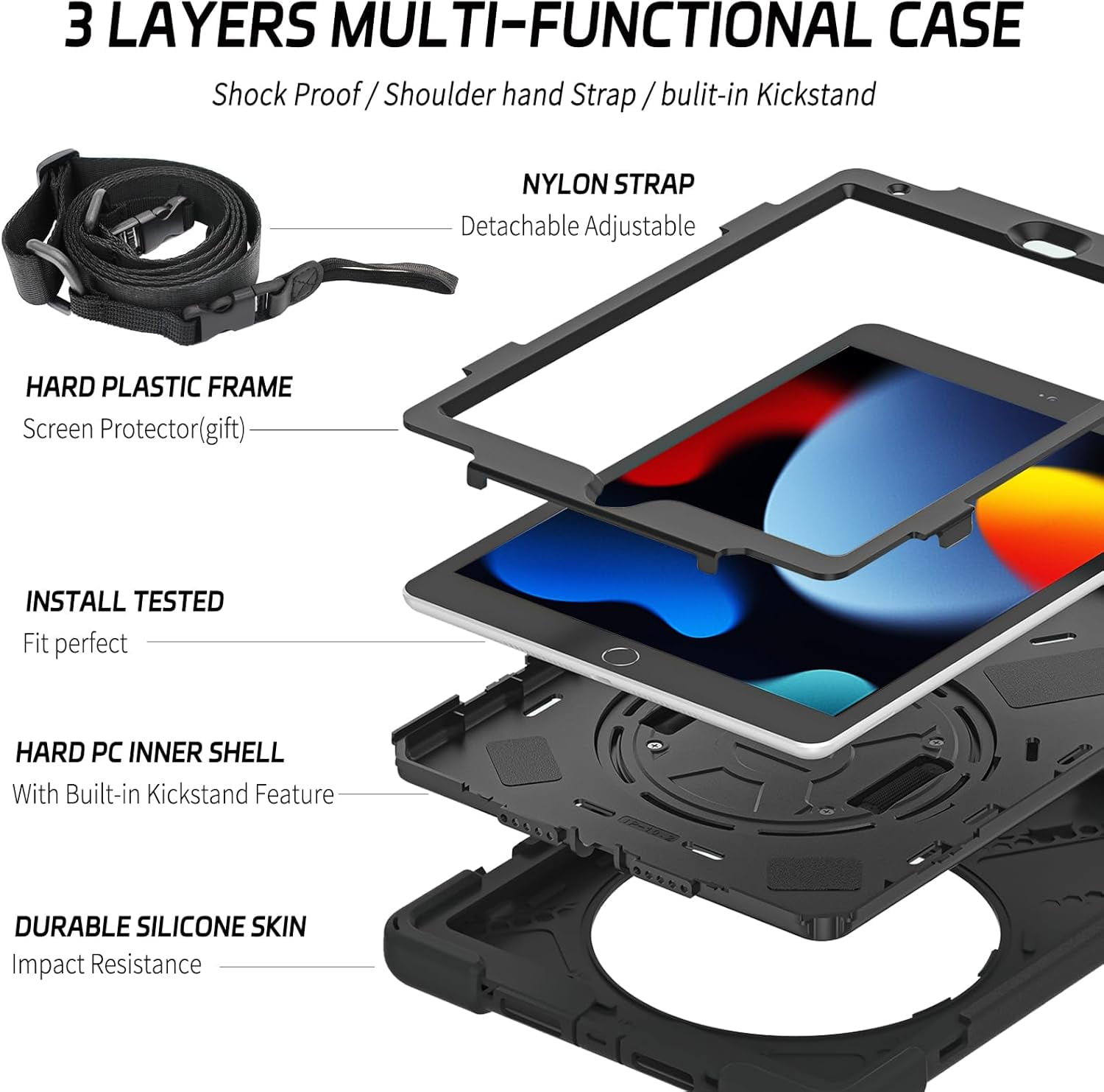 ZenRich Shockproof Case for iPad 9th/8th/7th Generation 10.2 inch 2021/2020/2019, Heavy Duty Rugged with Pencil Holder/360° Rotating Kickstand/Handle/Carrying Strap, Black
