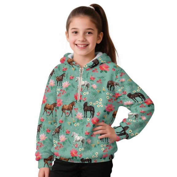 Pzuqiu Horse Print Boys Sweatshirts Casual Stretchy Children's Long Sleeve Sweatshirt Personalized Fall Outfits Fashion Clothing Practical Hooded Design for Young Boys Size 10-11