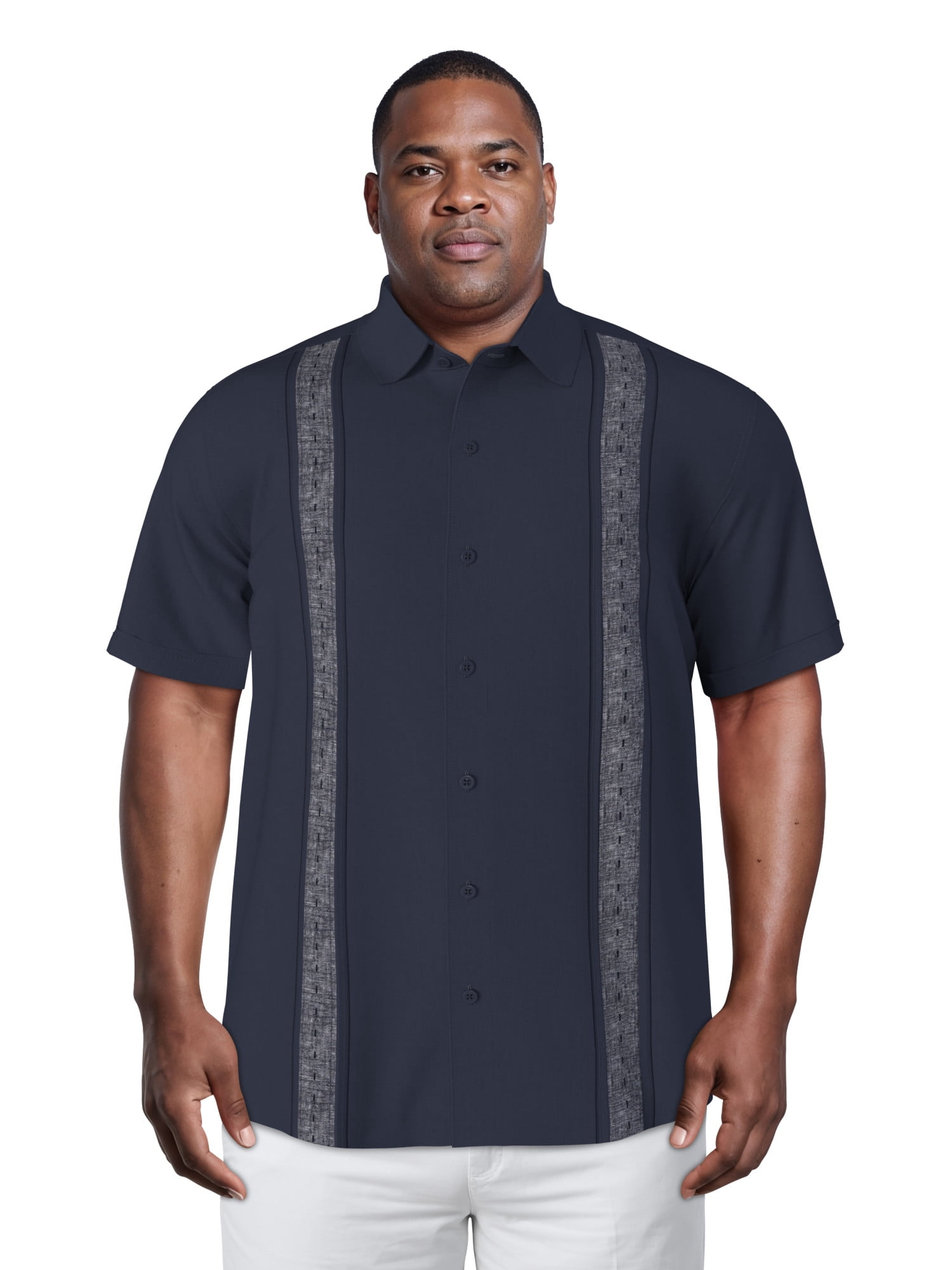 Havanera Men's and Big Men's Contrast Panel with Pick Stitching Short Sleeve Linen Cotton Button-Down Shirt, Sizes S-5XL