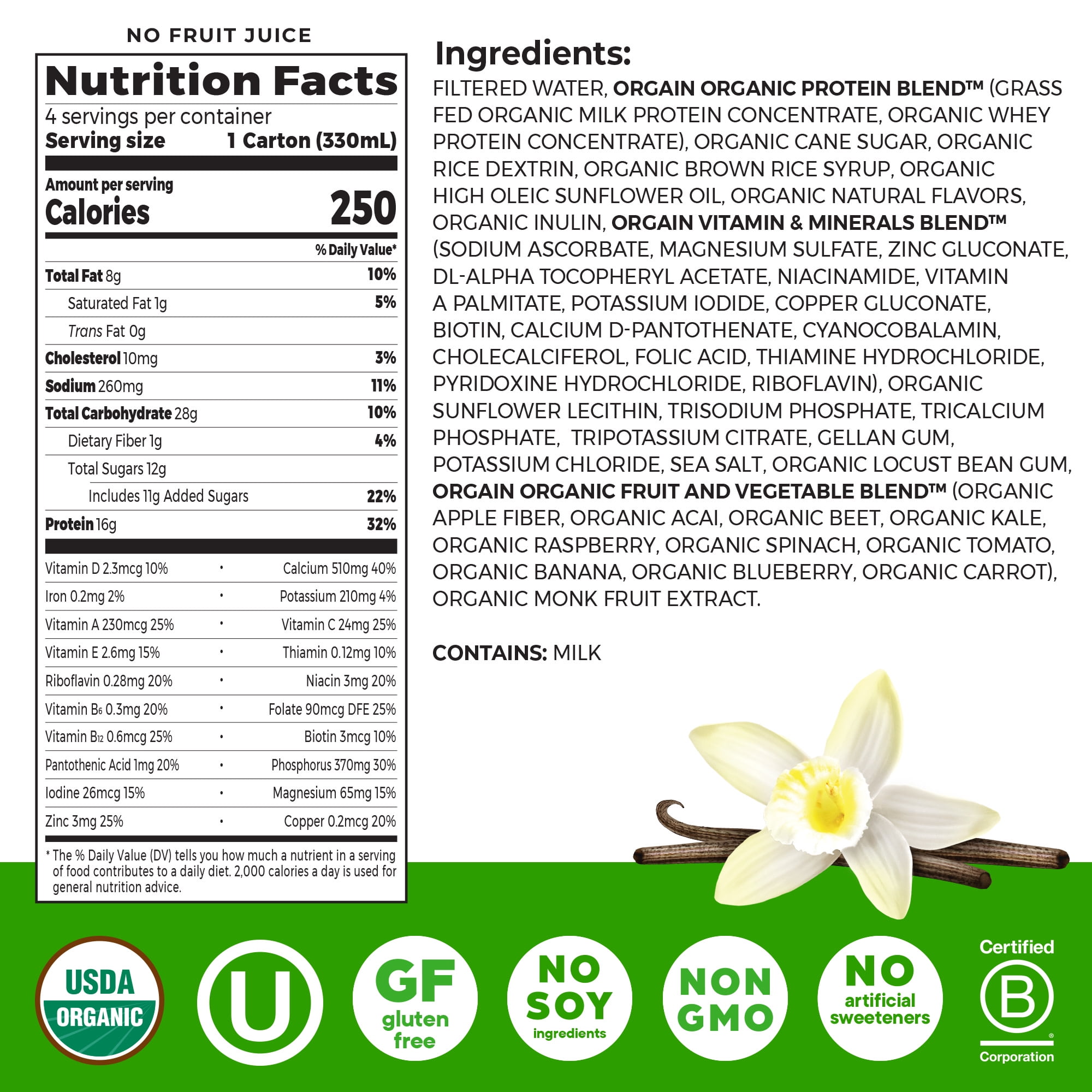 Orgain Organic Nutritional 16g Grass Fed Protein Shake Drink, Vanilla Bean 11oz, 4ct