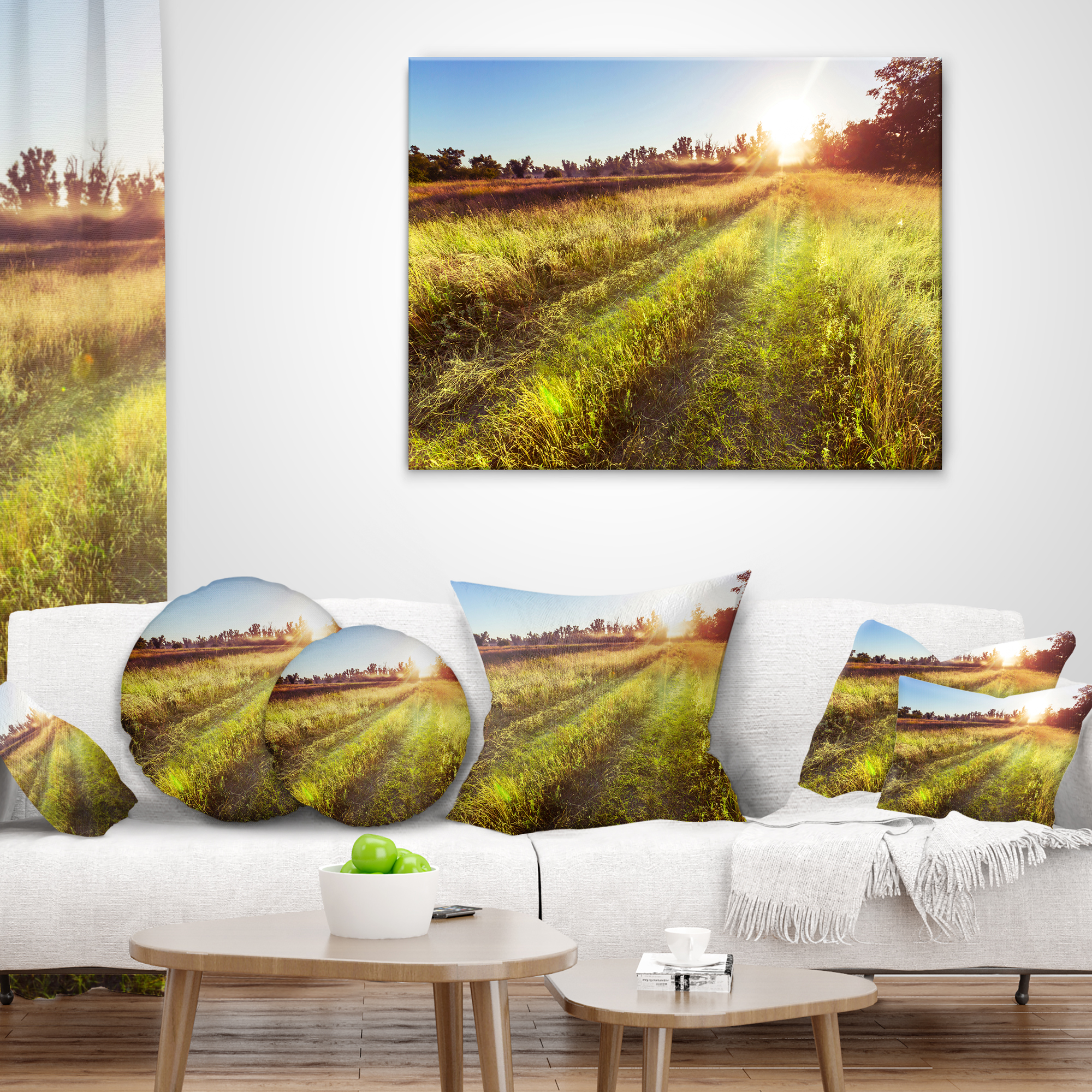 Designart Farm Road in Rural Meadow - Landscape Printed Throw Pillow - 16x16