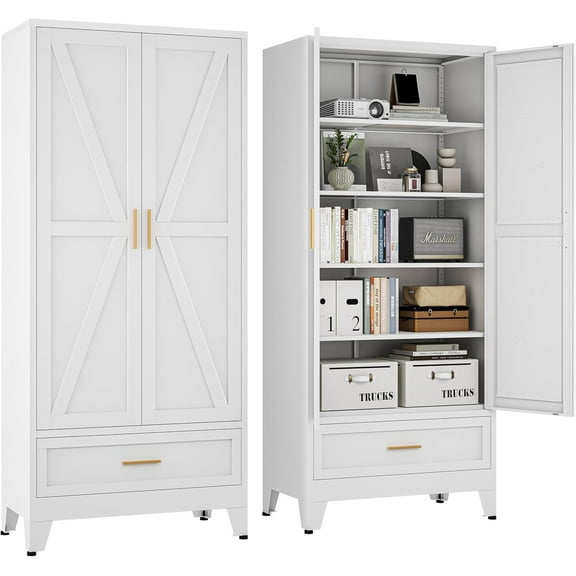 71" Tall Metal Storage Cabinet with Drawer and Adjustable Shelves,Farmhouse Kitchen Pantry Storage Cabinet with Doors,Large Wide Cabinets for Craft Room,Office,Dining Room,Bathroom(White)