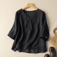 thumbnail image 2 of Women's Linen Boxy Top Patchwork Blouse Casual Loose Fit Round Neck Short Sleeve T-Shirt Breathable Comfortable Summer Tee, 2 of 2