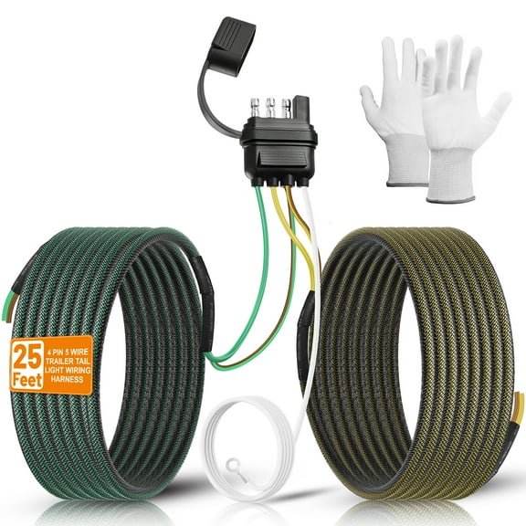 cyrico 25 Ft 4 Pin 5 Wire Trailer Wiring Harness, Trailer Wire Protected by Nylon Net Tube, Utility Pure Copper Boat Wishbone Trailer Wiring Kit for Tail Light Rewiring, Brake, Turn Signals, RV