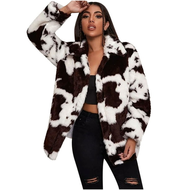 XZNGL Long Winter Coats for Women Womens Autumn and Winter New Harajuku  Style Cow Pattern Imitation Coat Womens Jacket Loose Coat Womens Winter  Coats