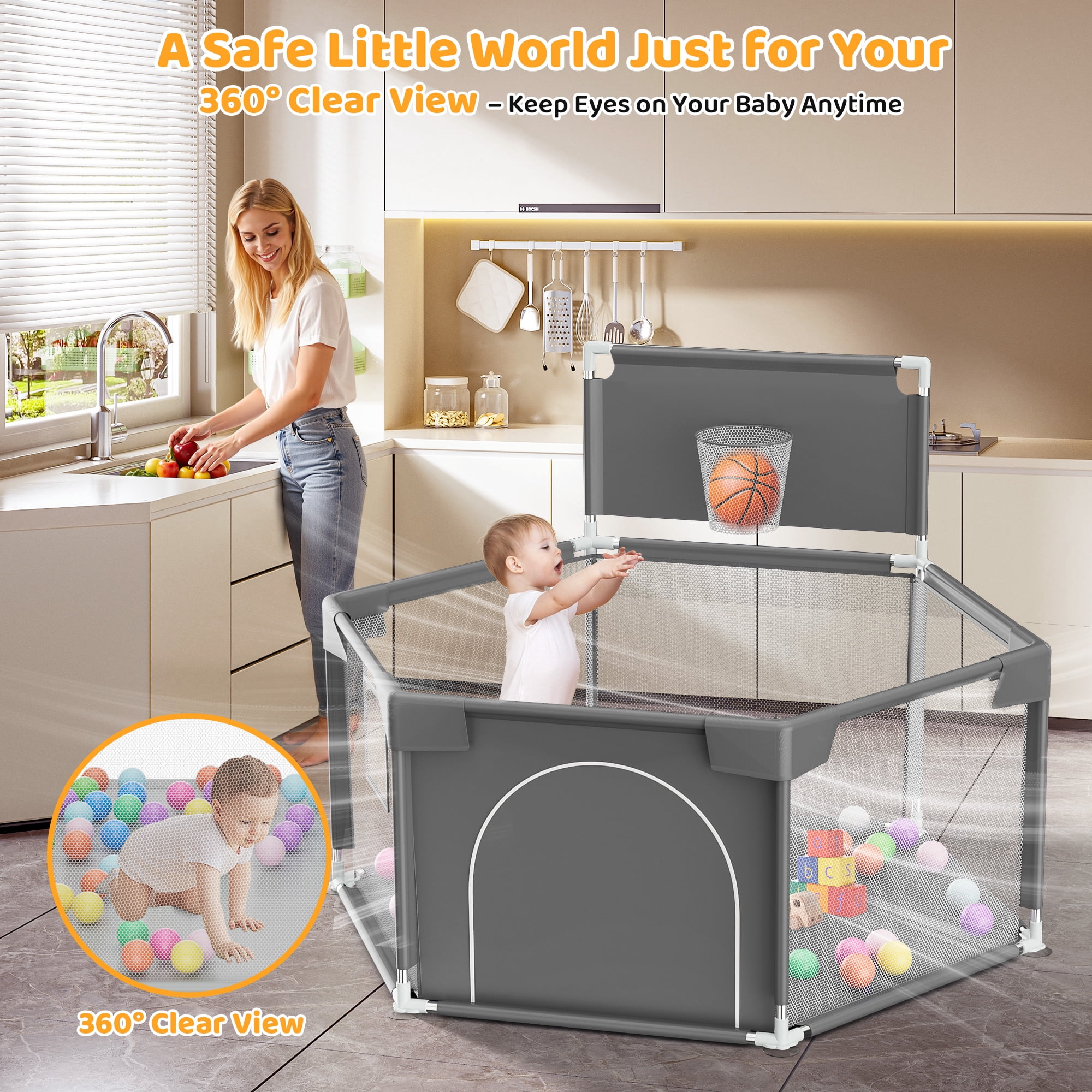 babyeap Baby Playpen with Basketball Hoop,Playpen for Babies and Toddlers,Hexagonal Fence Baby Play Yards,Dark Gray