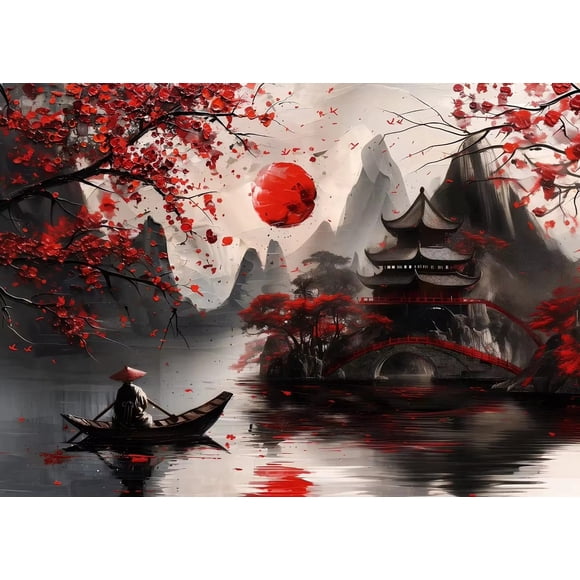 Japanese Landscape Ink Painting Poster Mountain Cherry Blossom Flowers Samurai Dragon Koi Canvas HD Pictures Wall Art Home Decor50 x 70 cm frameless,SKU-08
