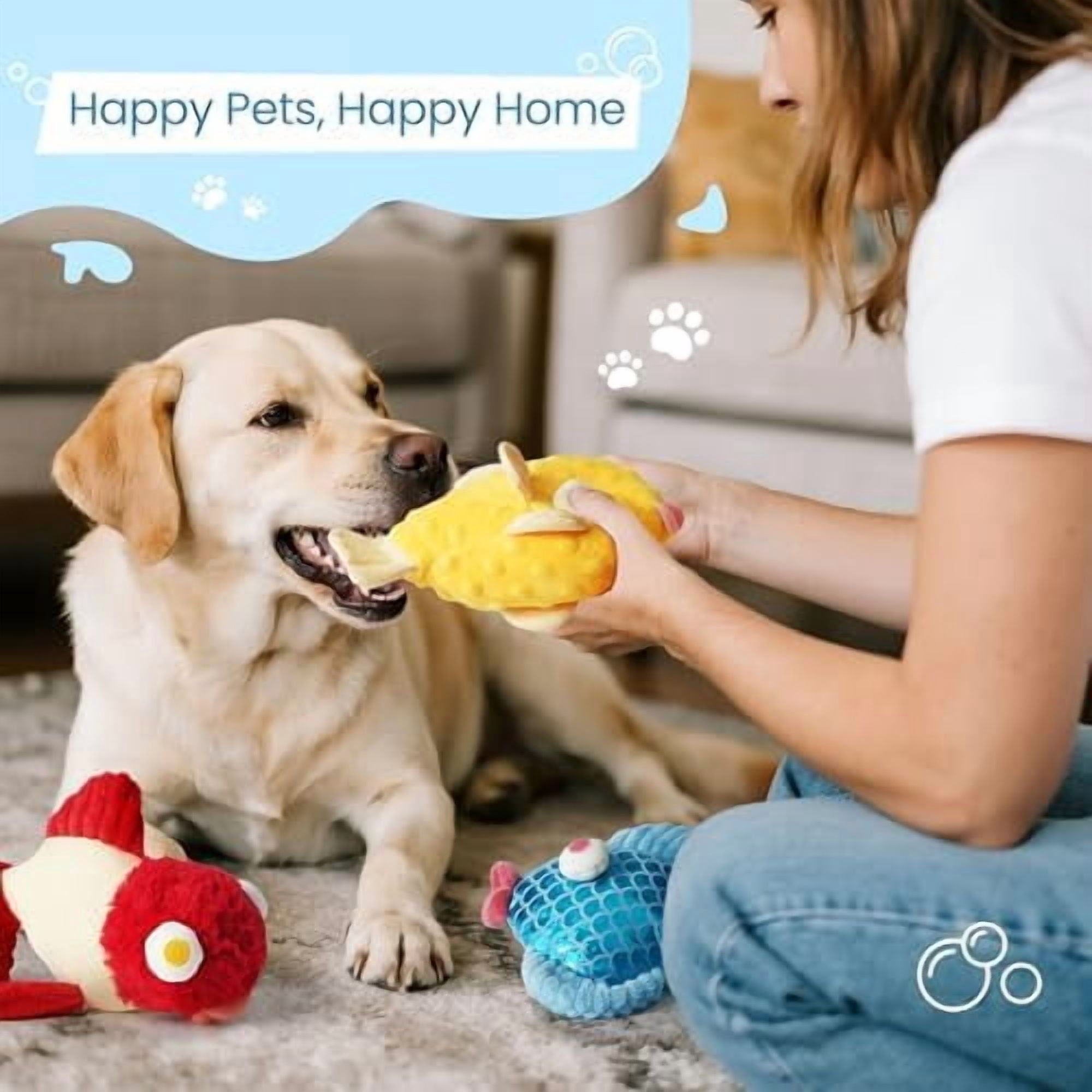 Tough Dog Toys, Squeaky Dog Toys to Keep Dogs Busy with Two Resistant Layer & Crinkle Sound, Googly Eyed Fish Gang Puppy Teething Toys for Small, Medium, Large Breeds