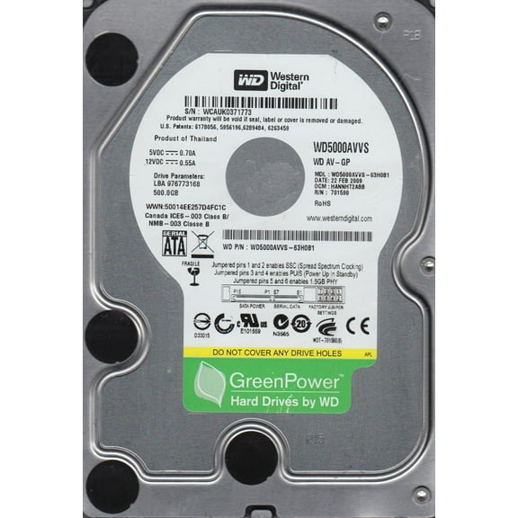 WD5000AVVS-63H0B1, DCM HANNHT2ABB, Western Digital 500GB SATA 3.5 Hard Drive