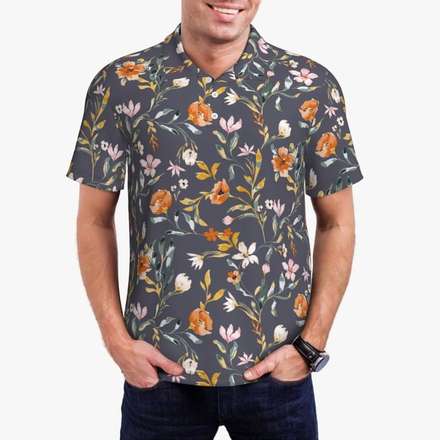 Fotbe Wildflowers Camiseta Polo de Golf para Hombre con Estampado – Camisa Deportiva Transpirable con Cuello Abotonado-Small