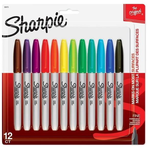 Sharpie Permanent Markers, Fine Point, Assorted Colours, 12 Count
