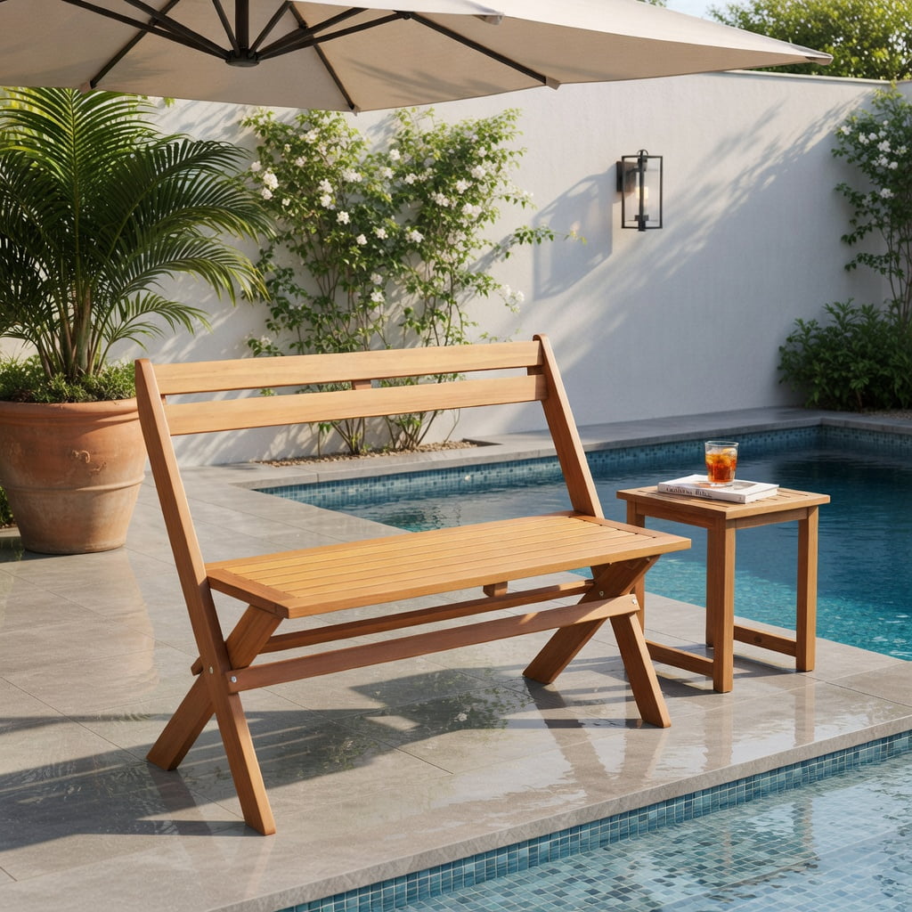 Hommoo 2-Person Folding Acacia Wood Patio Bench, Ergonomic 105° Backrest, Compact Foldable Design for Garden, Porch & Balcony, Natural