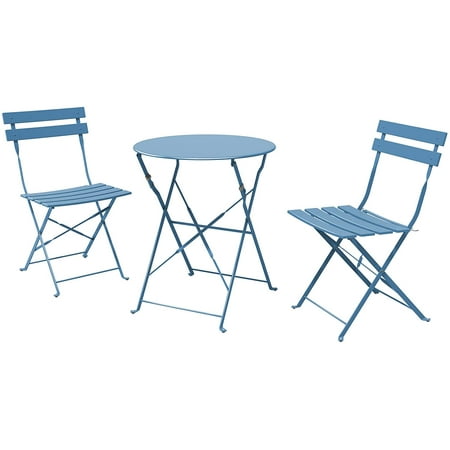 Premium Steel Patio Bistro Set Folding Outdoor Patio Furniture Sets 3 Piece Patio Set of Foldable Patio Table and Chairs Grey Blue