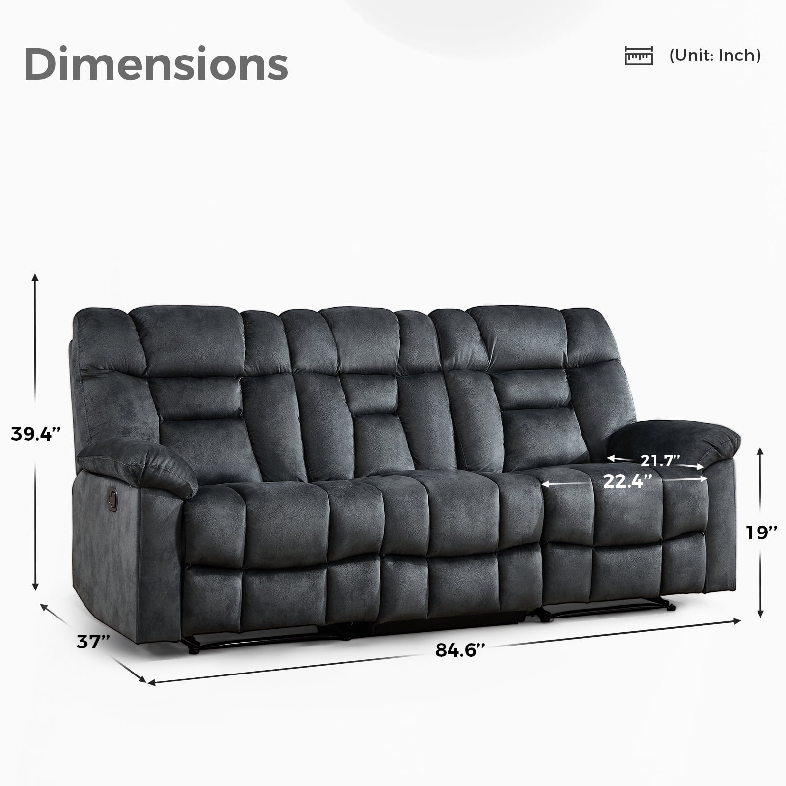 Bonzy Home Manual 3-Seat Reclining Sofa — Wide Backrests & Headrests, Gray