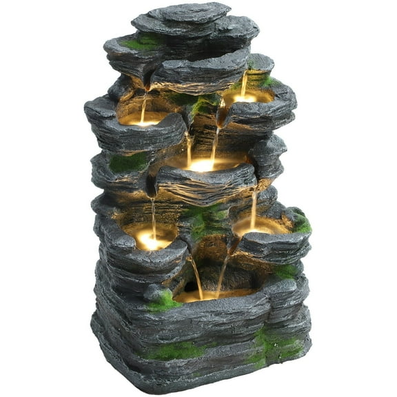 7Tier Cascading Rock Water Fountain  24" H Outdoor Fountain w/LED Light and Pump