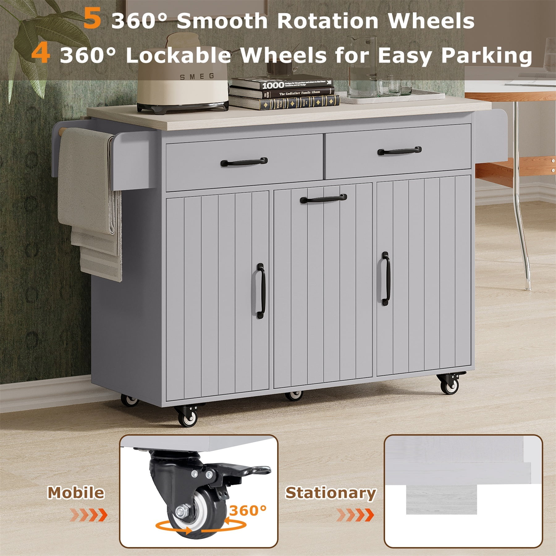Alvantor Kitchen Island Carts with Trash Can, Rolling Buffet Cabinet with Drop Leaf,Spice Rack and Towel Rack for Dining Room Living Room Grey