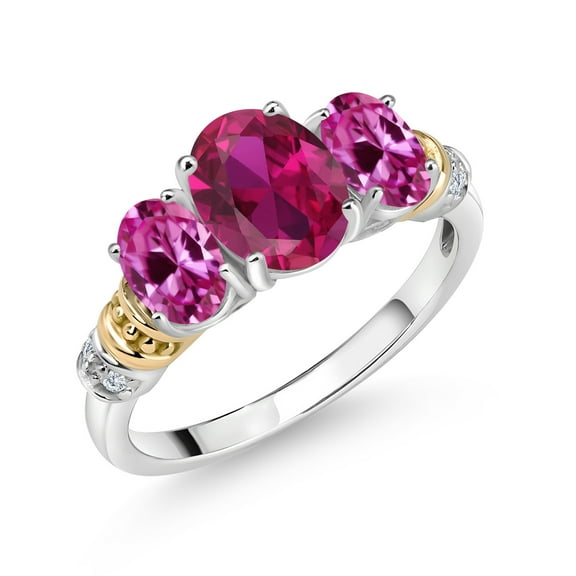 Gem Stone King 925 Sterling Silver and 10K Yellow Gold Oval Red Created Ruby Pink Created Sapphire and White Diamond 3 Stone Ring for Women (2.38 Cttw, Gemstone July Birthstone, Size 8)