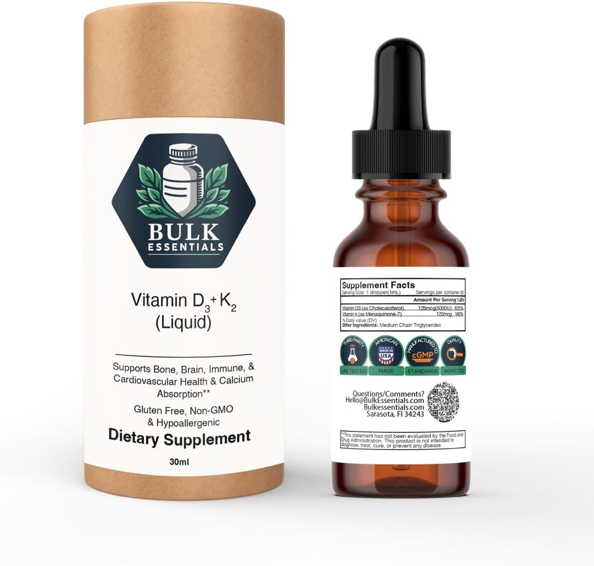 Bulk Essentials Pure Vitamin D3+K2 Drops with MCT Oil – 5000 IU Vit D3 & 120 mcg K2 for Bone, Heart & Immune Support – USA Made Supplements for Women & Men – Non-GMO & Gluten-Free, 30ml