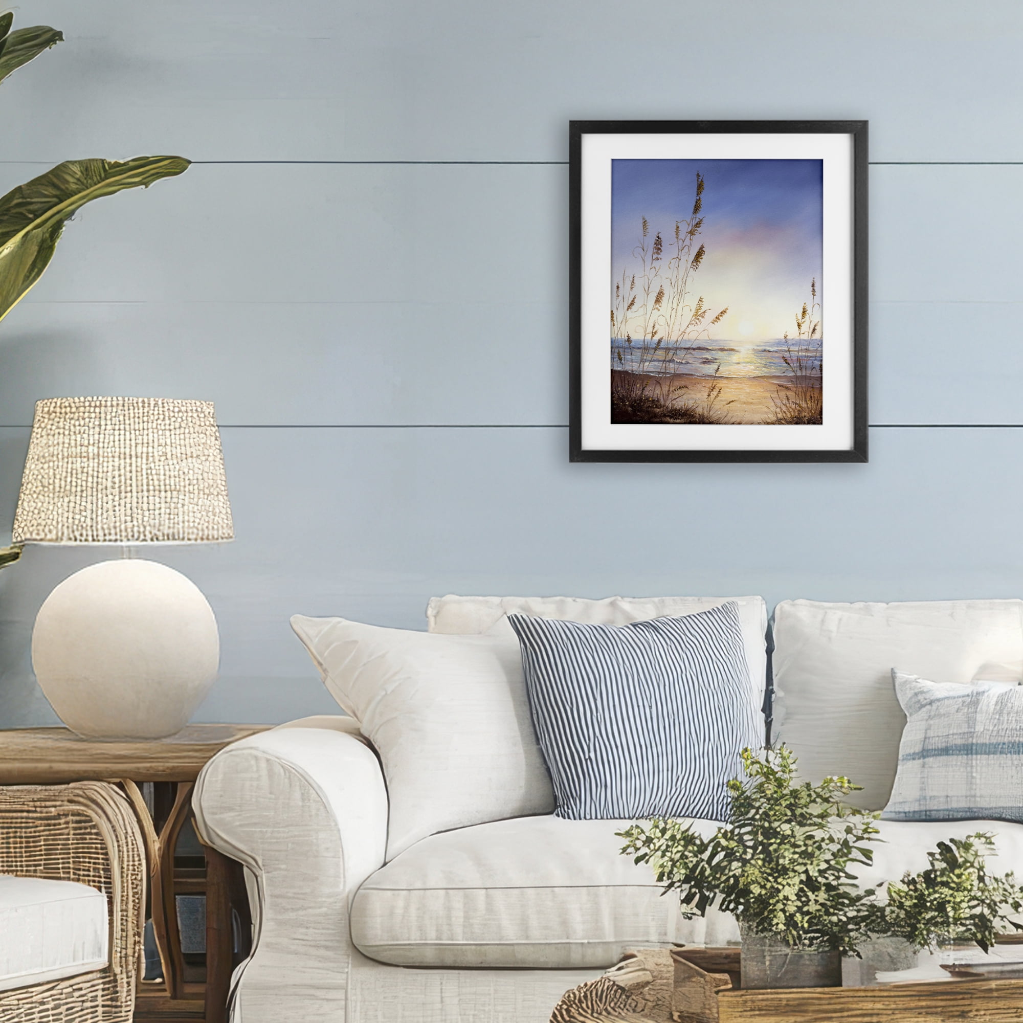 Seascape with Sunlit Grasses Black Framed Print Under Glass, design by Michelle Faber