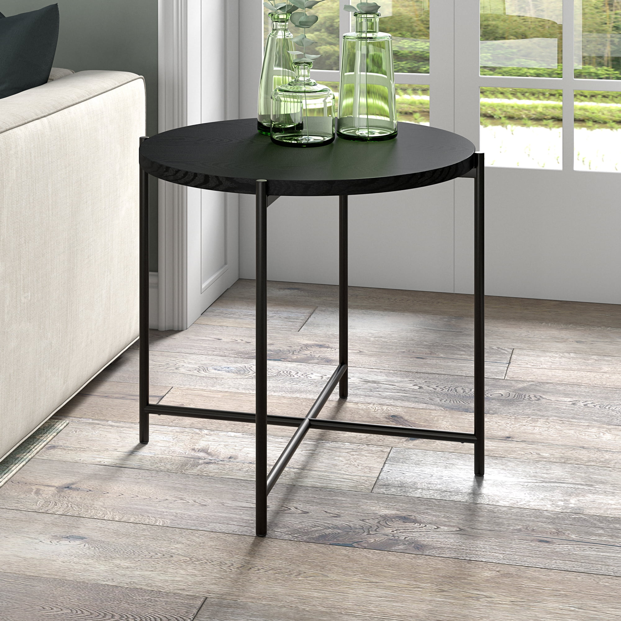 Evelyn&Zoe Loretta 23.63" Wide Round Side Table with MDF Top, Blackened Bronze/Black Grain