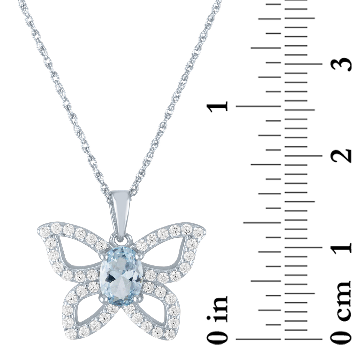 Ladies Brilliance Fine Jewelry Simulated Aquamarine and CZ Sterling Silver Butterfly Pendant, 18"