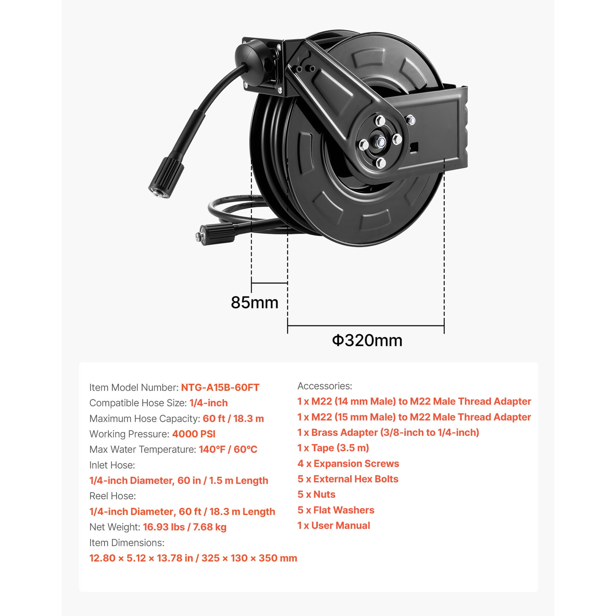 KFFKFF Pressure Washer Hose Reel, 60 ft x 1/4 inch Retractable Steel Reel for Power Washing, 4000 PSI Max, Auto-Rewind, Wall or Floor Mount for Vehicle, Garden, and Surface Cleaning