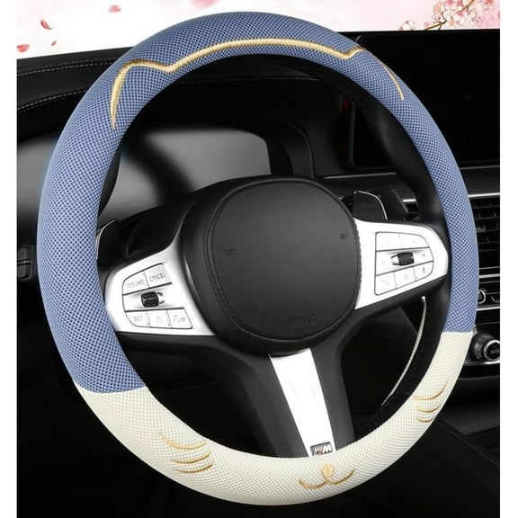 15 Inches Universal Round Car Steering Wheel Cover, Cute Cat Soft Breathable Non-Slip Steering Wheel Protector Wrap for Women, Blue-White
