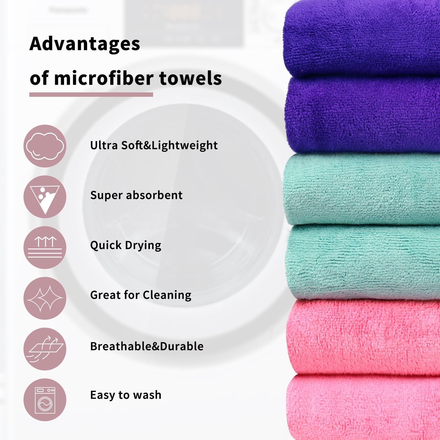JML Bath Towel, Microfiber 6 Pack Towel Sets (27 x 55") - Extra Absorbent, Fast Drying Multipurpose Use as Bath Fitness Towel, Sports Towels, Yoga Towel, Green Blue Pink