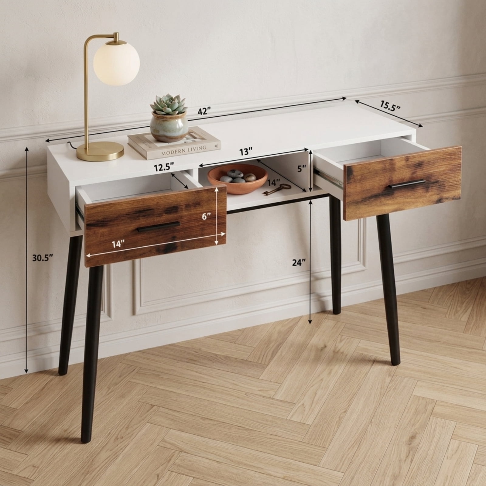 Furnibear 42 Inch Industrial Console Table with 2 Drawers and Open Shelf for Entryway Hallway Living Room and Behind Sofa, Black