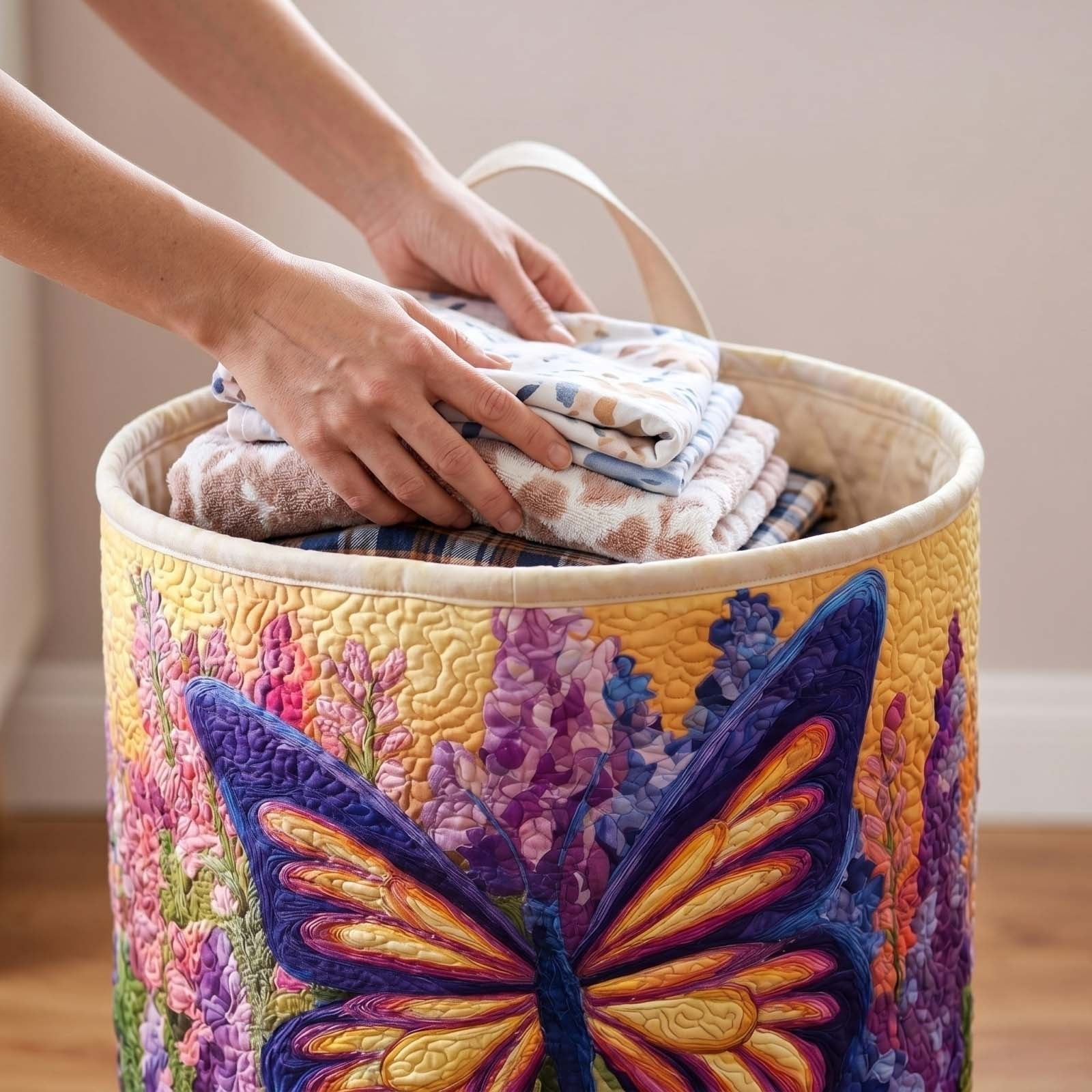 Quilted Laundry Basket with Handles, Boho Fabric Floral Storage Hamper, Collapsible Lightweight Multi-Functional Clothes Basket for Bedroom Nursery Laundry Room, 20"x28"