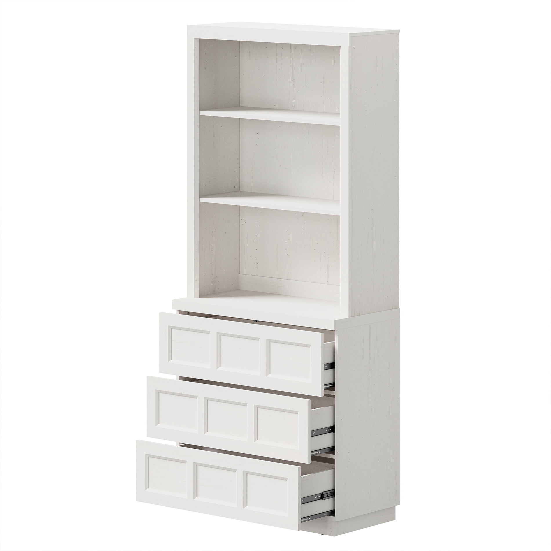HOMOOI Wood Pantry Cabinet, Boho Freestanding Kitchen Storage Hutch with 1 Adjustable Open Shelves and 3-Large Drawers,Anti-Wobble Storage Organizer for Kitchen, Dining Room, Entryway,White