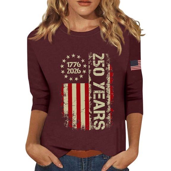 4th of July Shirts Women Plus Size 3/4 Sleeve T Shirts Loose Red White and Blue Print Pullover USA 250th Anniversary Celebration Party Tops Independence Day Patriotic Crew Neck Blouses Wine XL