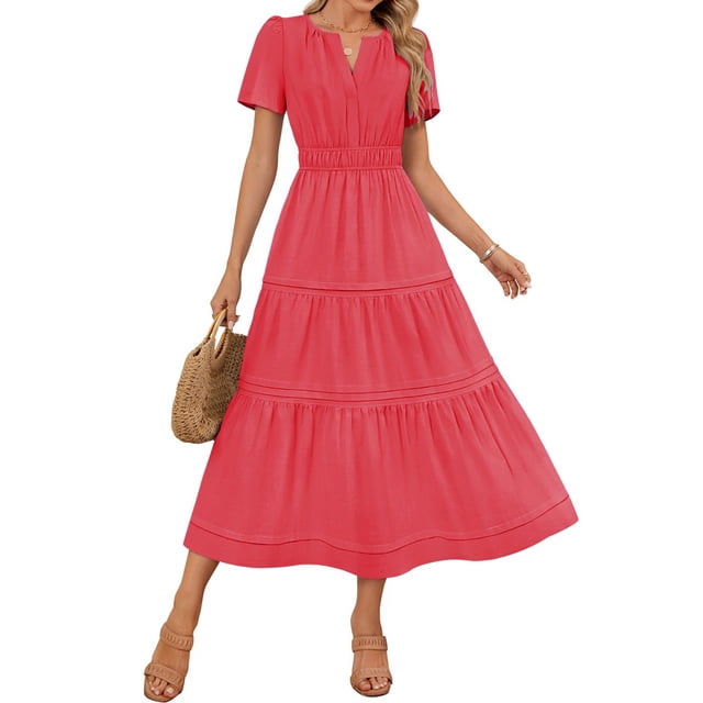 Meichang Robes Midi d'Été pour Femmes Manches Courtes Col en V Fendu Taille Plissée Robe Ligne A Robe Longue Décontractée Robe d'Invité de Mariage