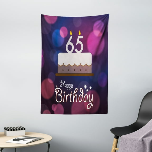 65th Birthday Decorations Tapestry, Birthday Ceremony Artwork with Cake Hand Writing Best Wishes, Wall Hanging for Bedroom Living Room Dorm Decor, 40W X 60L Inches, Blue Pink White, by Ambesonne