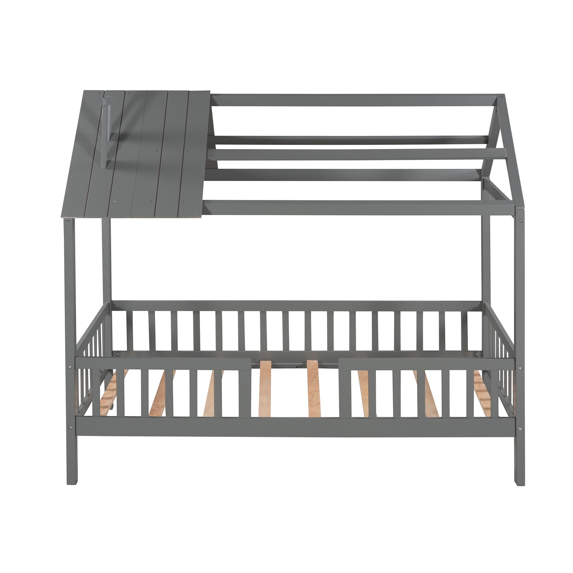 Bellemave Twin House Bed, Twin Size Wood Bed Frame with Roof and Fence, Montessori Beds Frame, No Box Spring Needed (Gray)