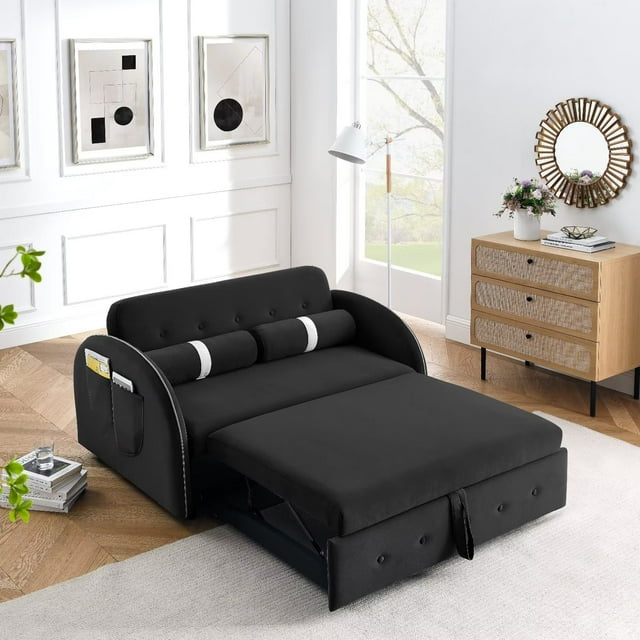 Convertible Sofa Sleeper, 55.5" Pull-out Sofa Bed with Adjsutable Backrest and 2 Lumbar Pillows, Modern Sofa Chair with Storage Side Pocket for Living Room Bedroom, Black