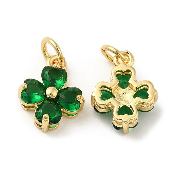 Brass Pendants with Cubic Zirconia Lead Free & Cadmium Free Clover Charms Real 18K Gold Plated Green 13x10x5mm Hole: 3.4mm