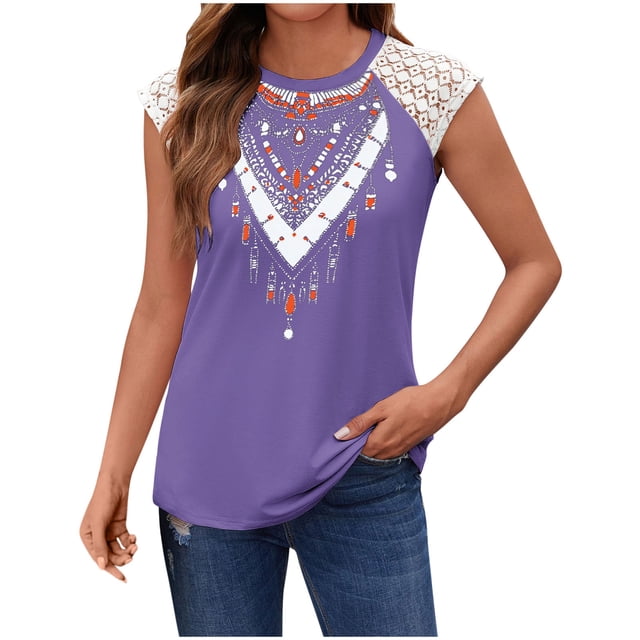 Qulqfy Tunique Vintage Violette à Manches Courtes Décontractée en Dentelle TG