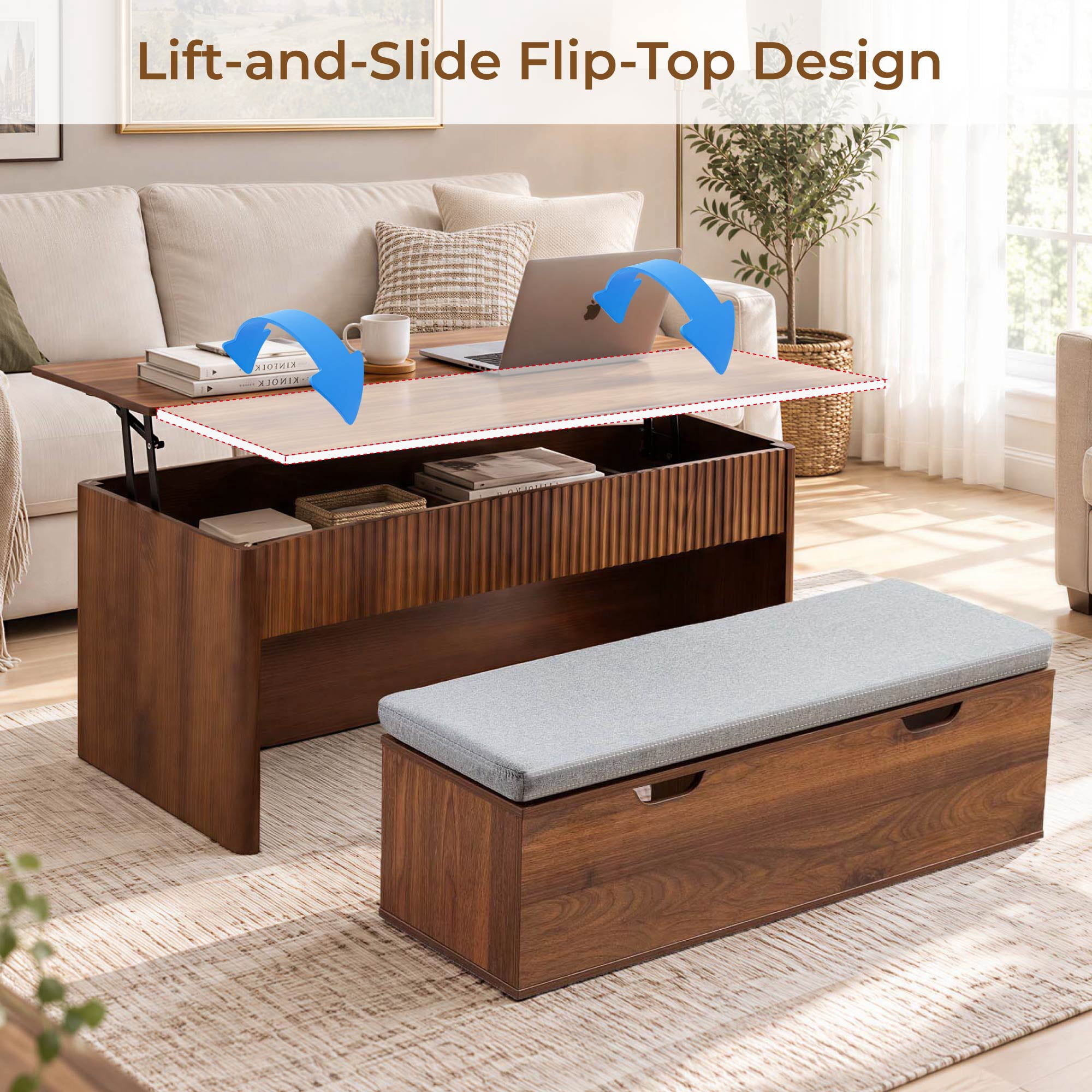 Spruce & Spring 47" Dual Lift Top Coffee Table with Upholstered Bench & Storage, 4-in-1 Convertible Work Table for Living Room & Apartment, Walnut