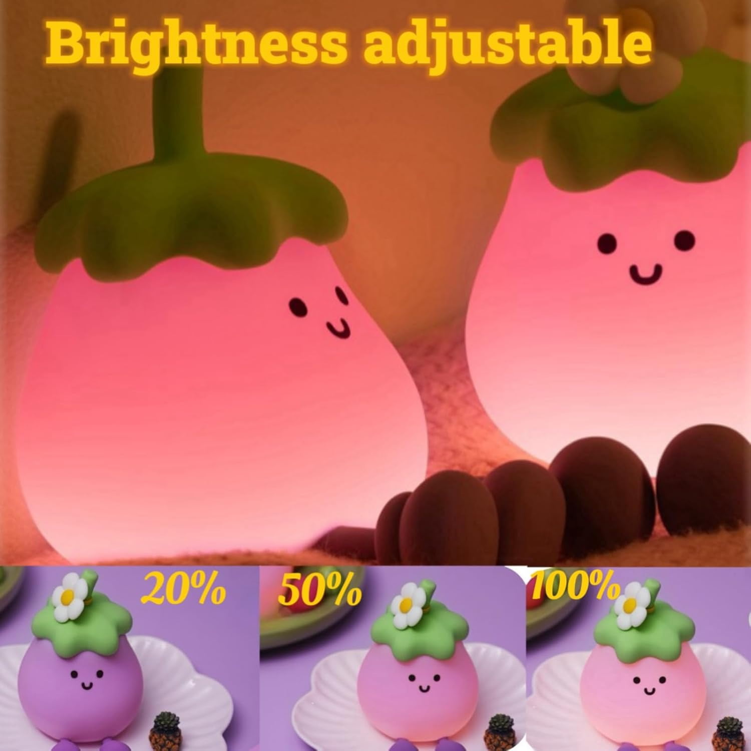 Kids Night Light, LED Silicone Nursery Night Lamp,2024 Newest Eggplant Touch NightLight for Kids Room，Portable Baby Night Light,USB Rechargeable Bedside Lights,Kids Room Decor