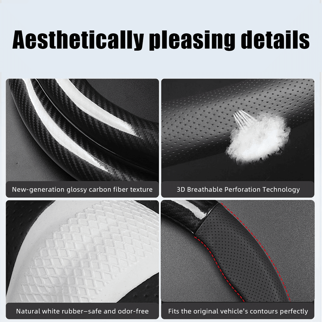 Flat Bottom Steering Wheel Cover, D Shaped Car Wheel Cover 14-14 1/4 in. (35.5-36 cm), for Tesla Model 3 / Y, for Camaro, Black Breathable Leather with Carbon Fiber Pattern