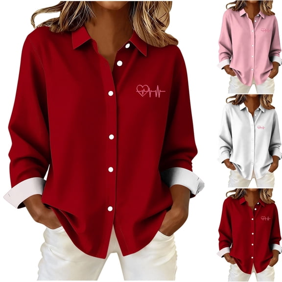 Maplenight Button Down Shirts for Women Long Sleeve Business Work Tops Dressy Casual Heart Printed Blouses with Pocket